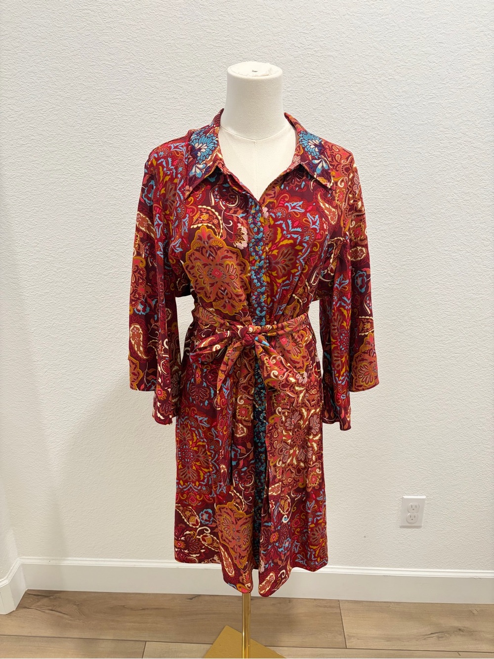 Figue Red Paisley Button-Up Shirt Dress with Tie Waist and embroidery size large